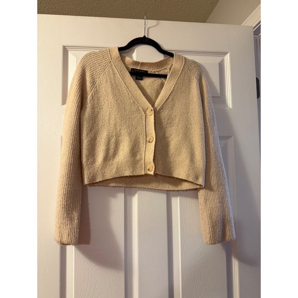 Tahari Cardigan Women Small Beige Cropped V-Neck Knit Wool Blend Raglan Sleeve